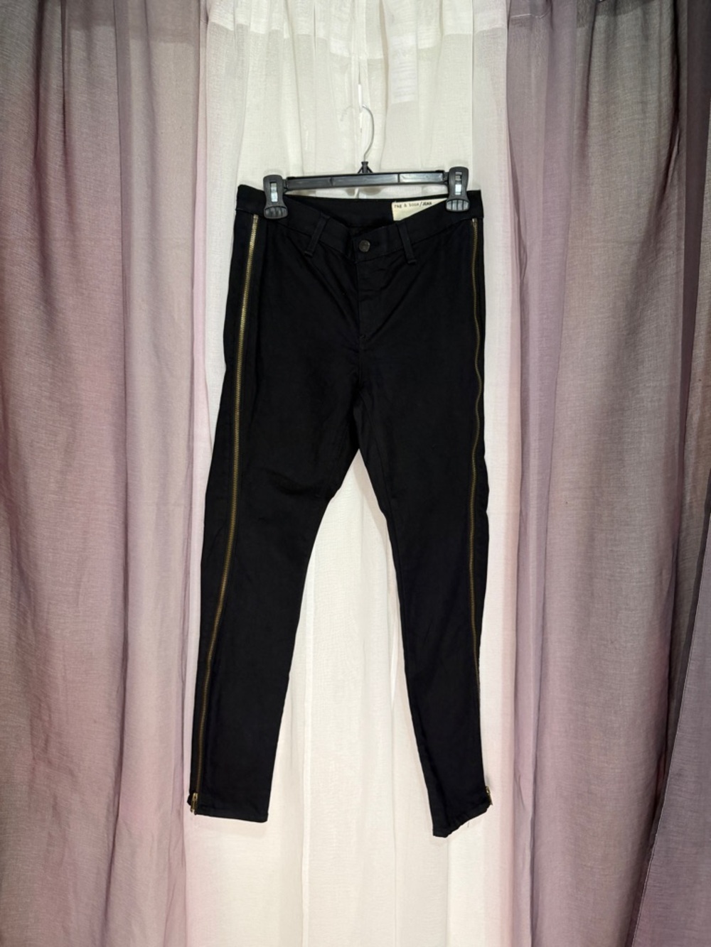 Rag and Bone Black Skinny Pants with Gold Side Zippers